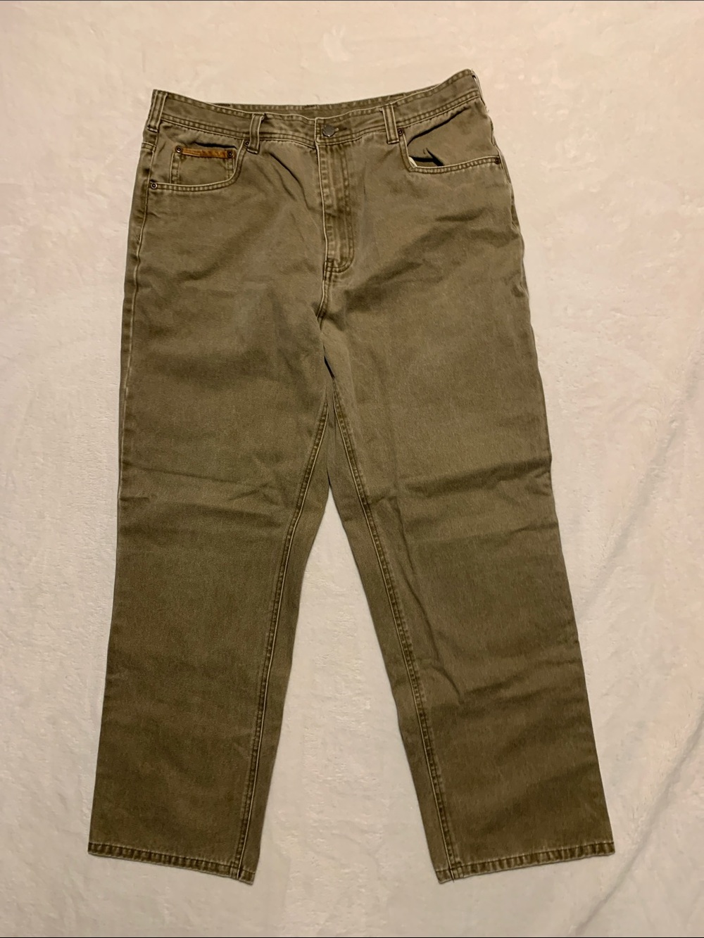Orvis Jeans  Men's Light Olive Green Denim Pants Faux Leather Trim 34x29